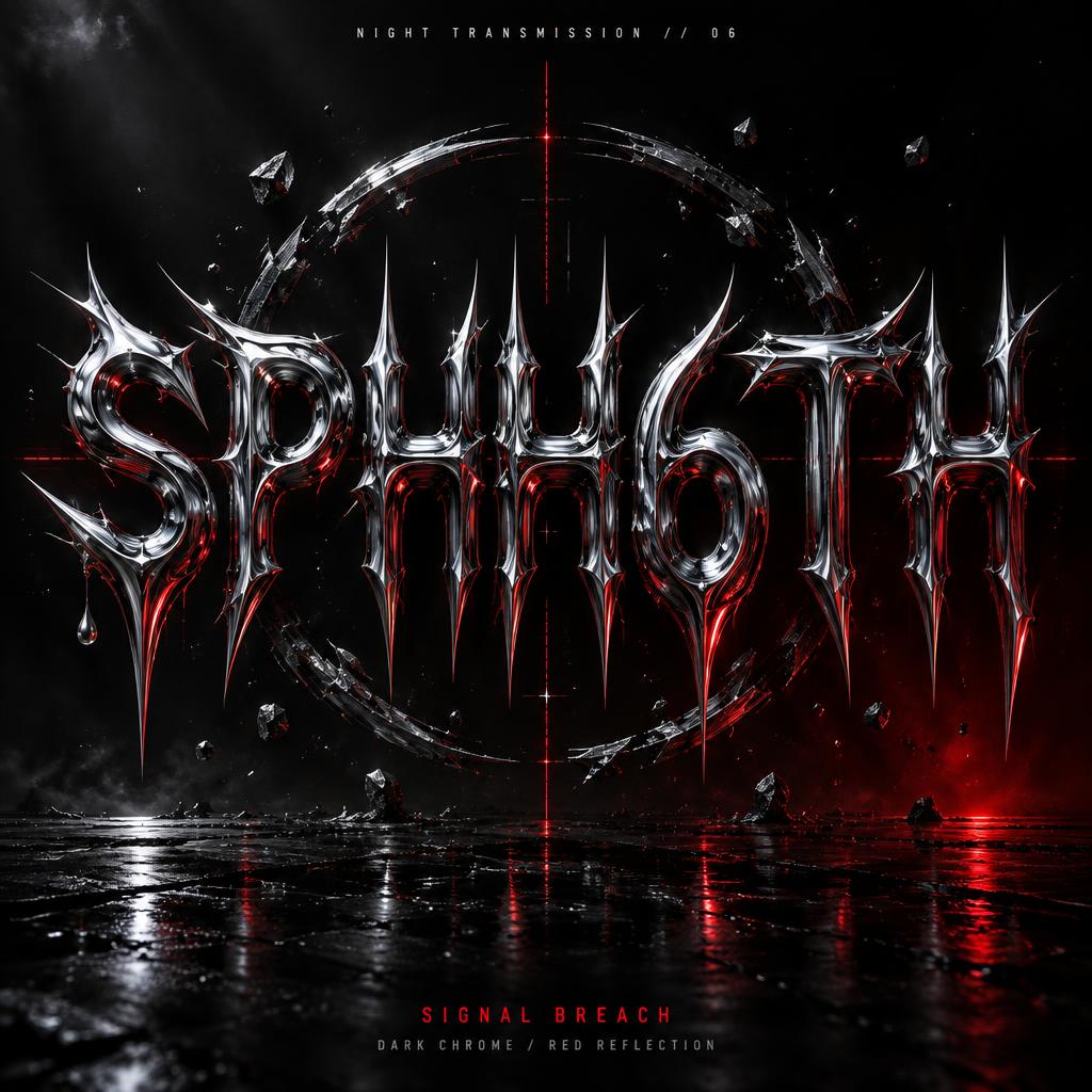 "SPHH6TH
NIGHT TRANSMISSION // 06
SIGNAL BREACH
DARK CHROME / RED REFLECTION" — Metallic | AI Text Effect Generator