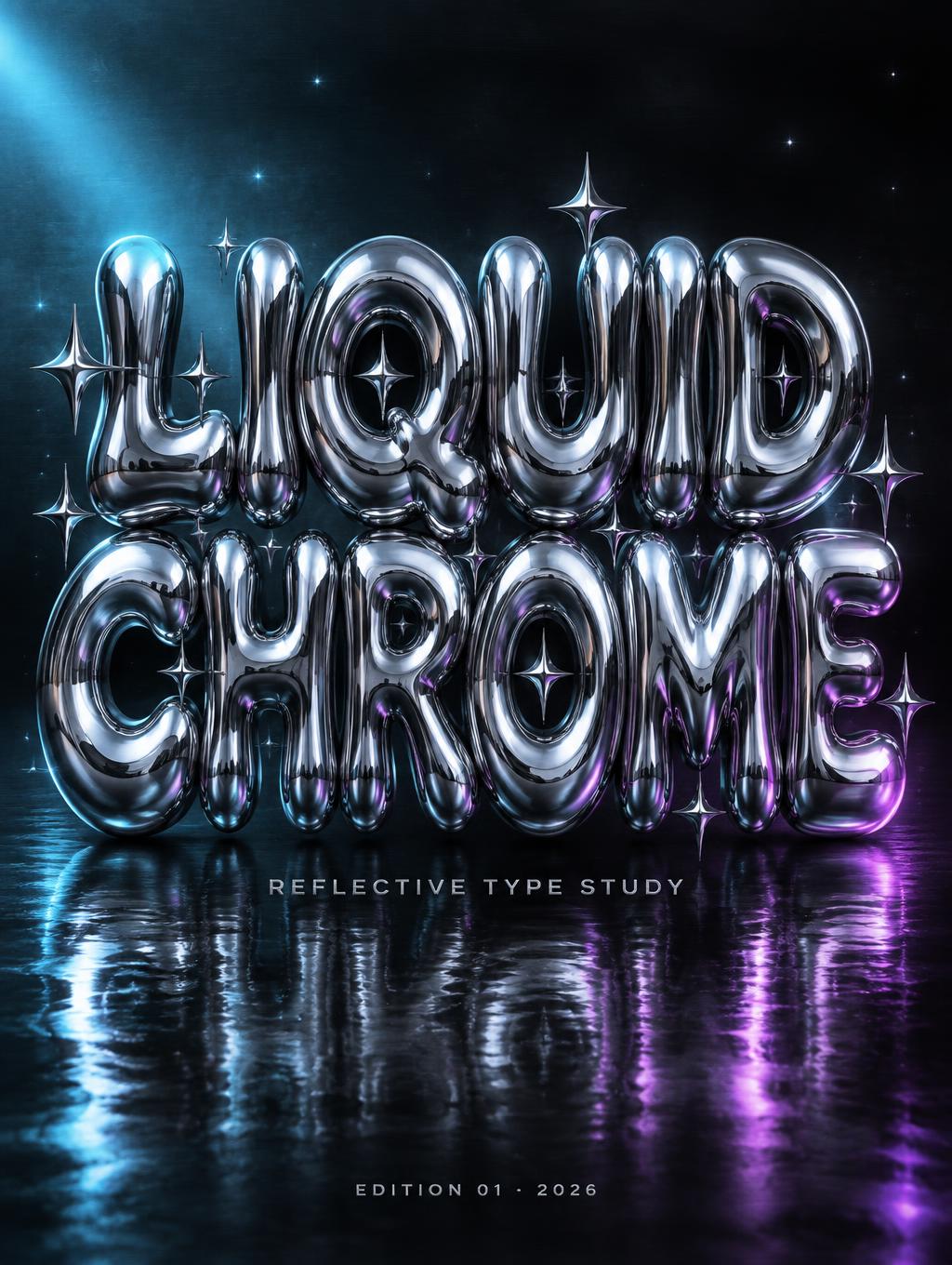 "LIQUID
CHROME
REFLECTIVE TYPE STUDY
EDITION 01 · 2026" —  | AI Text Effect Generator