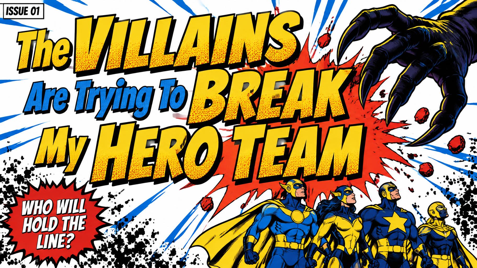 "The VILLAINS
Are Trying To BREAK
My HERO TEAM
ISSUE 01
WHO WILL HOLD THE LINE?" — Comic Book | AI Text Effect Generator