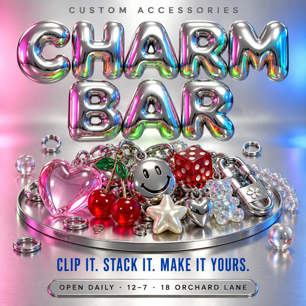 "CHARM
BAR
CUSTOM ACCESSORIES
CLIP IT. STACK IT. MAKE IT YOURS.
OPEN DAILY · 12–7 · 18 ORCHARD LANE" — Y2k Chrome | AI Text Effect Generator