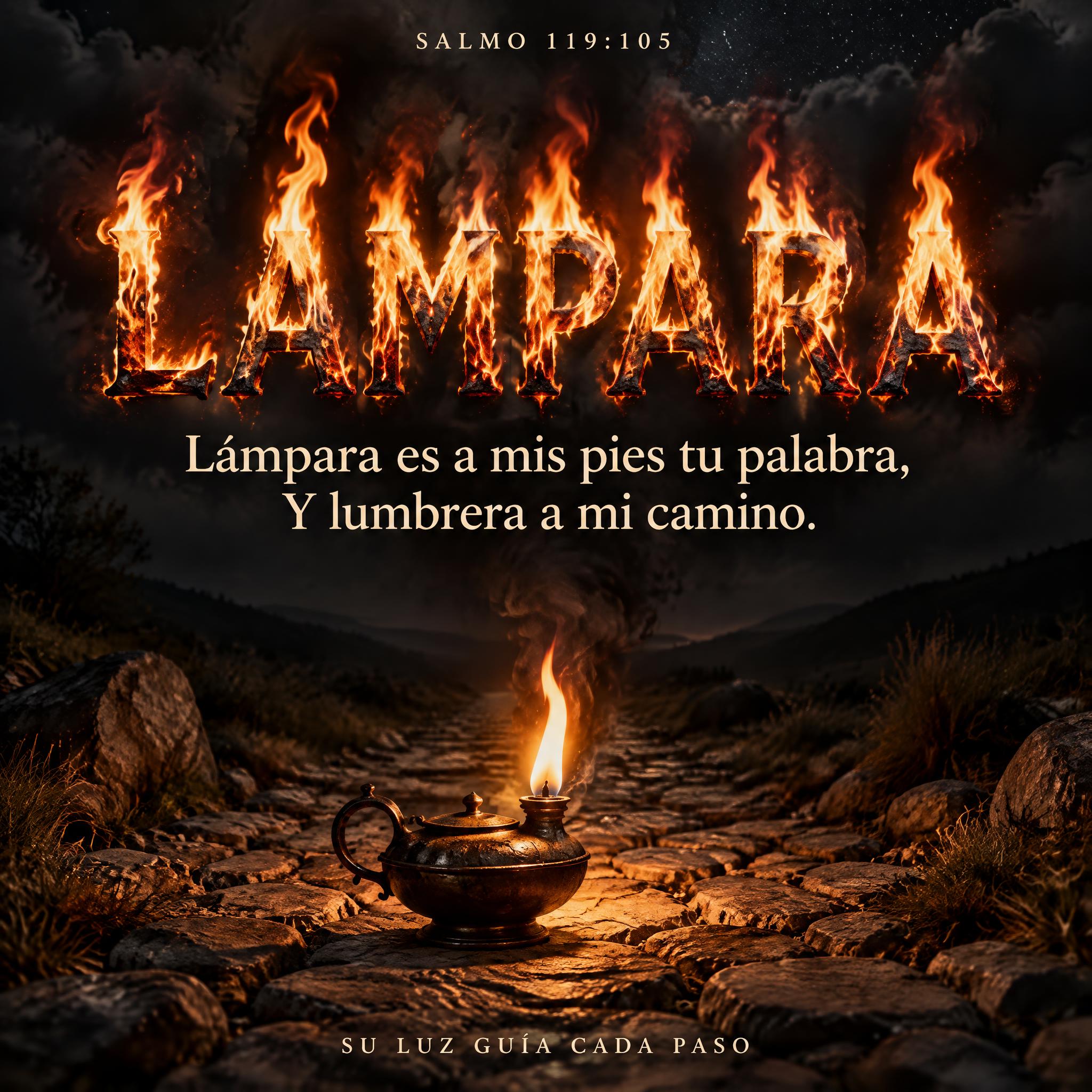 "LÁMPARA
Lámpara es a mis pies tu palabra,
Y lumbrera a mi camino.
SALMO 119:105
SU LUZ GUÍA CADA PASO" — Fire Smoke | AI Text Effect Generator