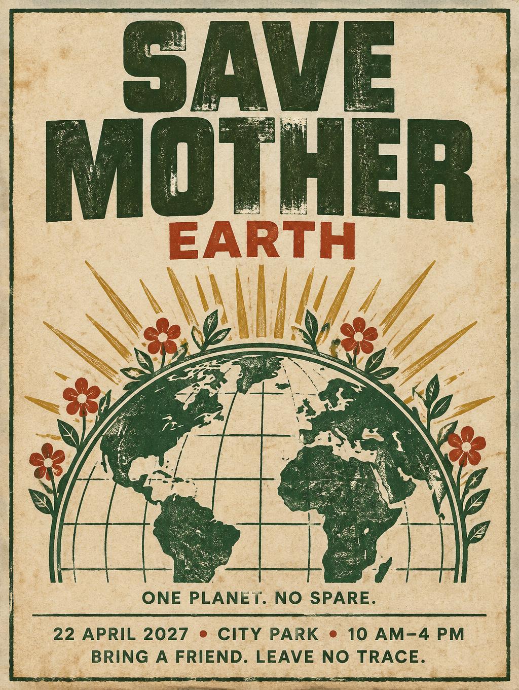 "SAVE MOTHER
EARTH
ONE PLANET. NO SPARE.
22 APRIL 2027 • CITY PARK • 10 AM–4 PM
BRING A FRIEND. LEAVE NO TRACE." — Vintage text effect