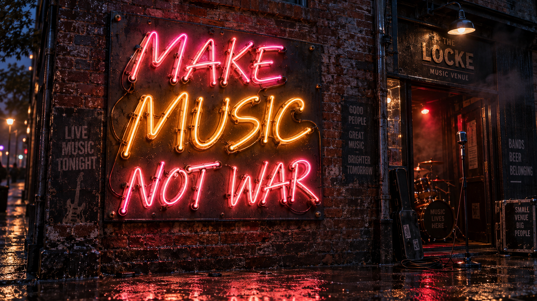 "MAKE MUSIC NOT WAR " — neon sign text effect