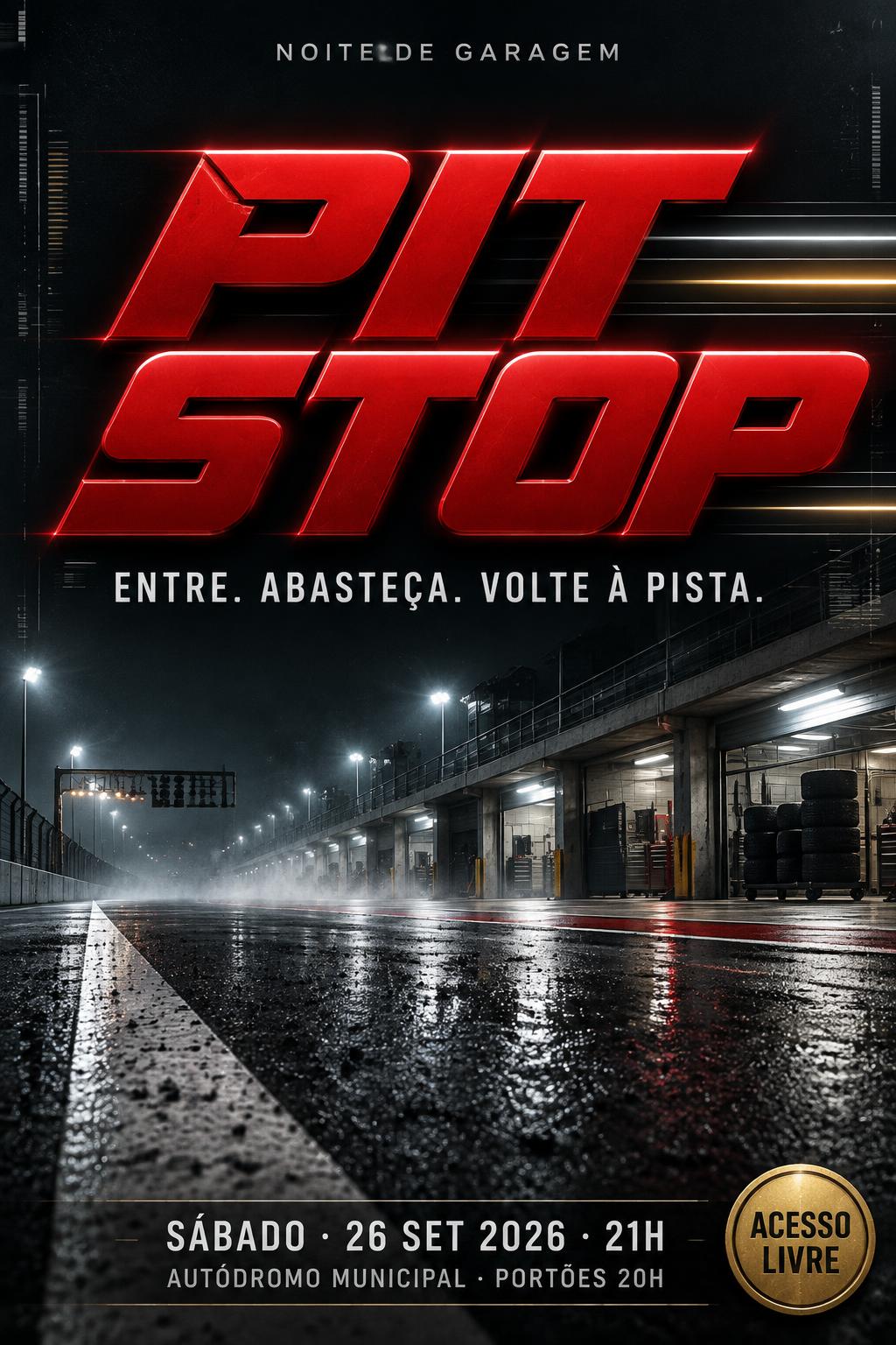 "PIT
STOP
NOITE DE GARAGEM
ENTRE. ABASTEÇA. VOLTE À PISTA.
SÁBADO · 26 SET 2026 · 21H
AUTÓDROMO MUNICIPAL · PORTÕES 20H
ACESSO LIVRE" — Racing | AI Text Effect Generator