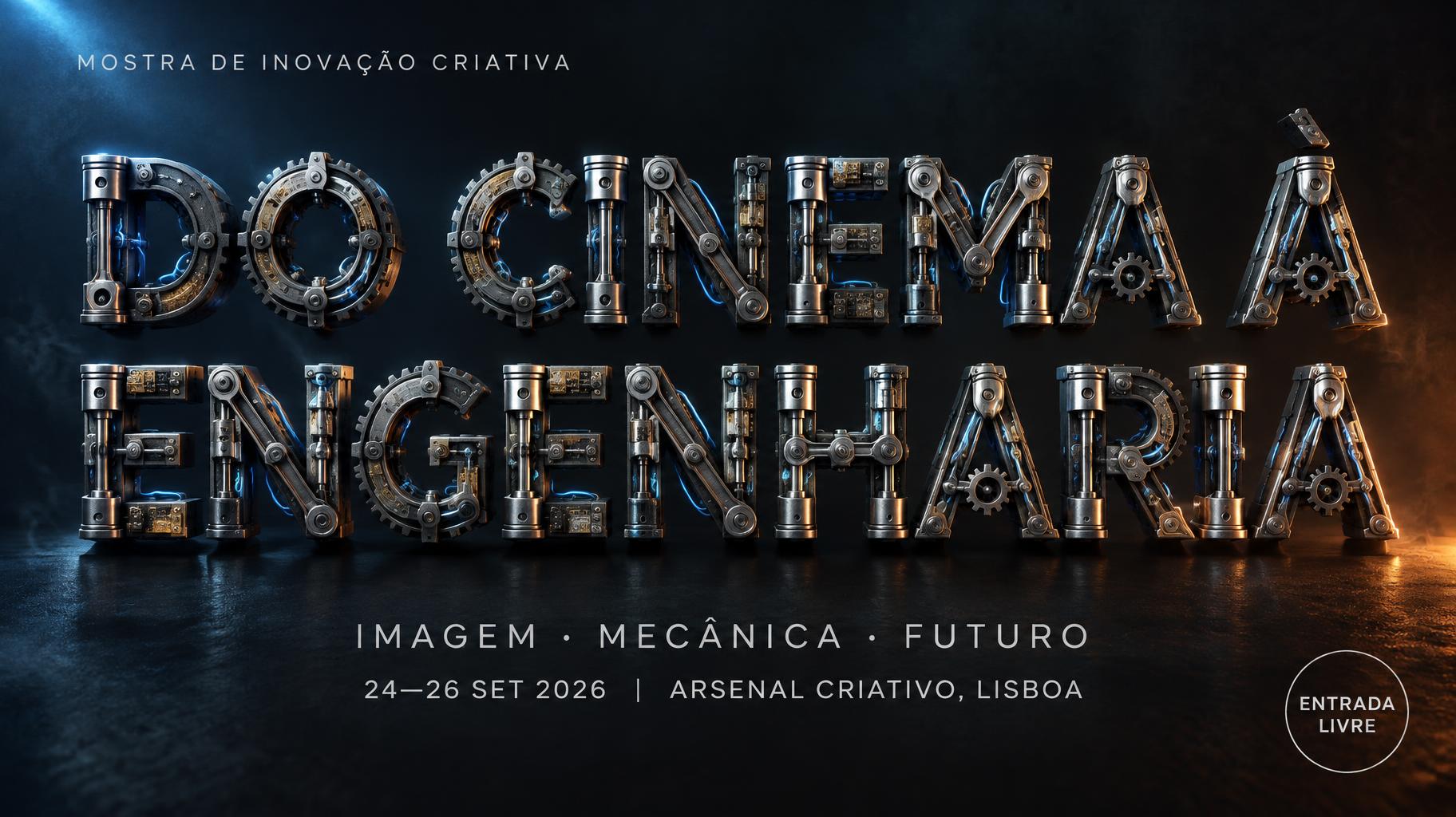 "DO CINEMA À
ENGENHARIA
MOSTRA DE INOVAÇÃO CRIATIVA
IMAGEM · MECÂNICA · FUTURO
24—26 SET 2026  |  ARSENAL CRIATIVO, LISBOA
ENTRADA LIVRE" —  | AI Text Effect Generator