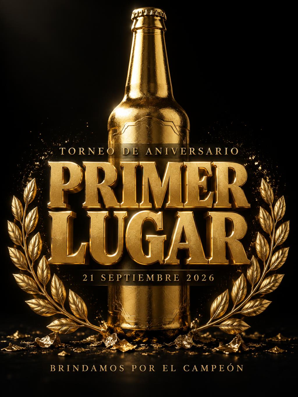 "PRIMER
LUGAR
TORNEO DE ANIVERSARIO
21 SEPTIEMBRE 2026
BRINDAMOS POR EL CAMPEÓN" — Luxury Gold | AI Text Effect Generator