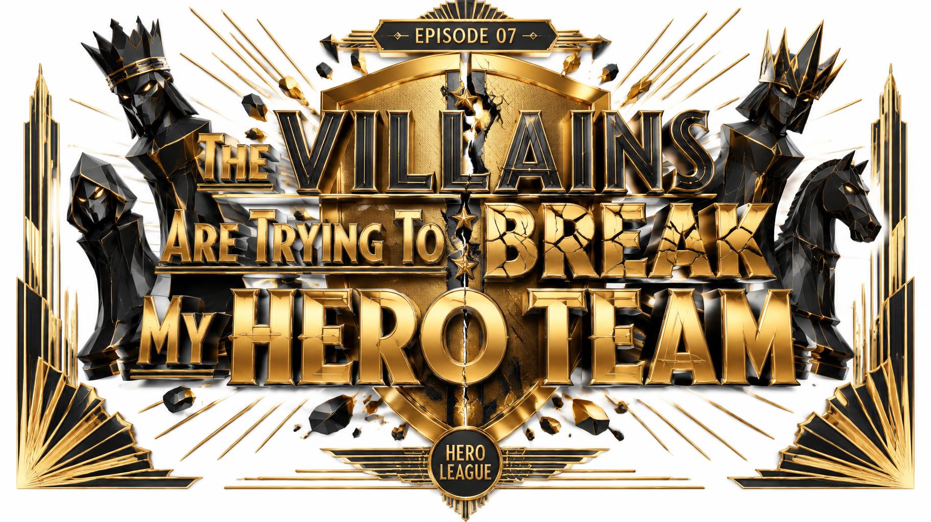 "The VILLAINS
Are Trying To BREAK
My HERO TEAM
EPISODE 07
HERO LEAGUE" — art deco text effect
