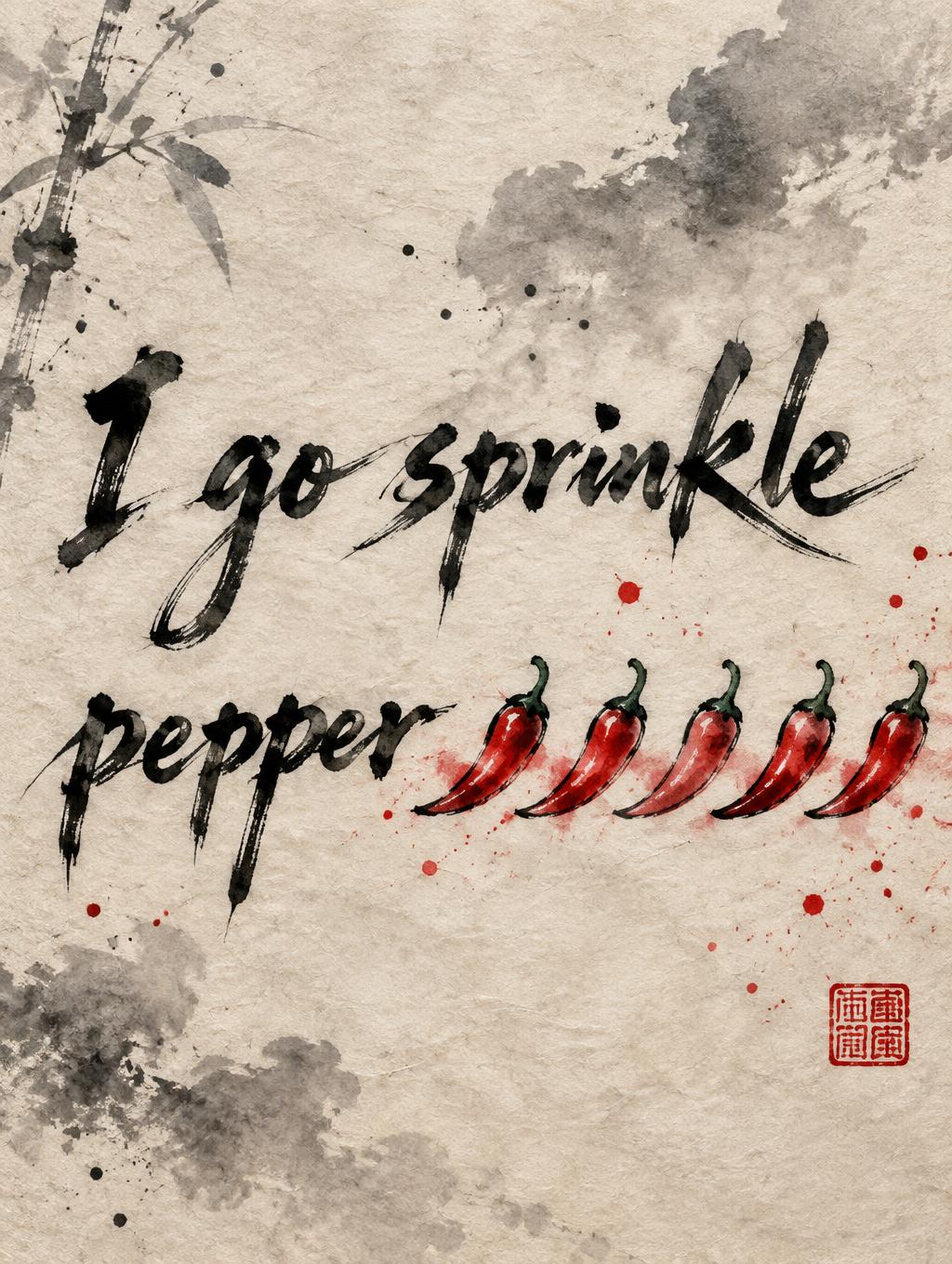 "I go sprinkle 
pepper 🌶️🌶️🌶️🌶️🌶️" — Brush Chinese Ink | AI Text Effect Generator