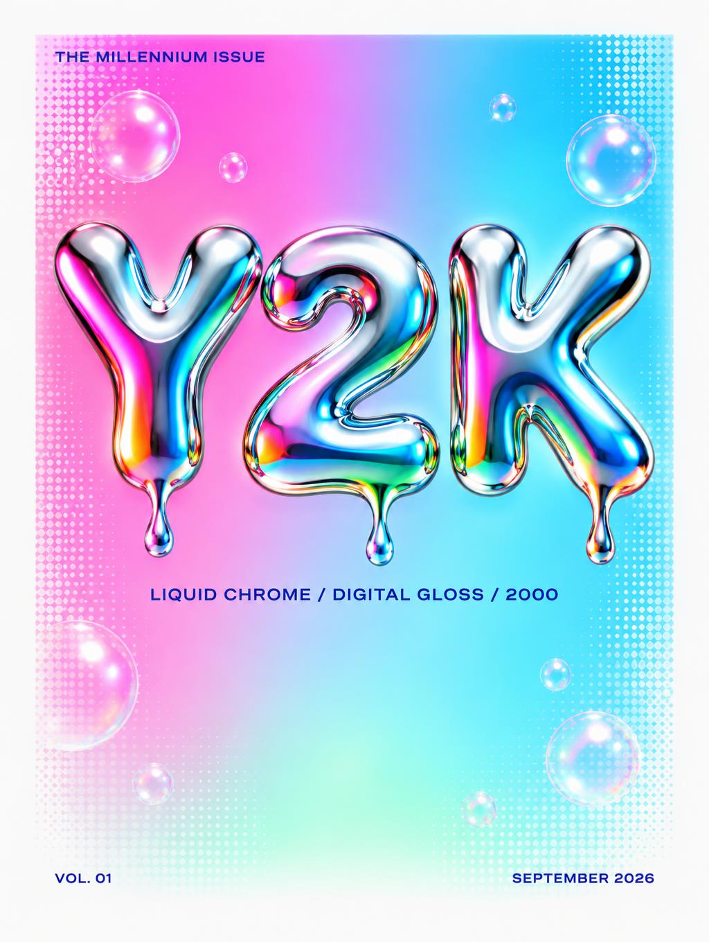 "Y2K
THE MILLENNIUM ISSUE
LIQUID CHROME / DIGITAL GLOSS / 2000
VOL. 01
SEPTEMBER 2026" — Y2k Chrome | AI Text Effect Generator