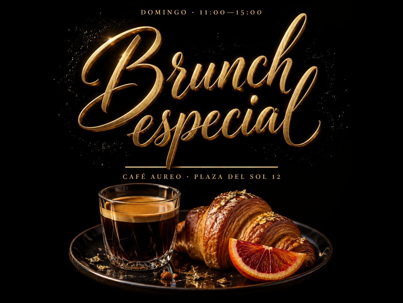 "Brunch
especial
DOMINGO · 11:00—15:00
CAFÉ AUREO · PLAZA DEL SOL 12" — Luxury Gold | AI Text Effect Generator
