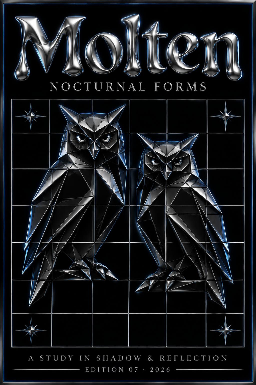 "Molten
NOCTURNAL FORMS
A STUDY IN SHADOW & REFLECTION
EDITION 07 · 2026" — Chrome Metal 3d | AI Text Effect Generator