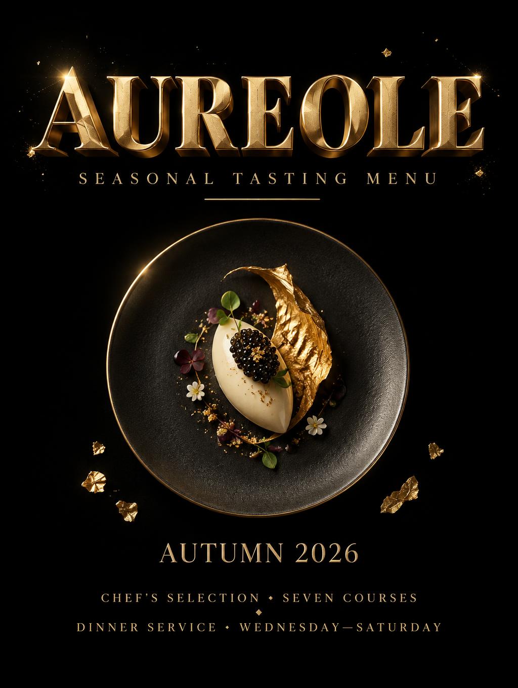 "AUREOLE
SEASONAL TASTING MENU
AUTUMN 2026
CHEF'S SELECTION · SEVEN COURSES
DINNER SERVICE · WEDNESDAY—SATURDAY" — Luxury Gold | AI Text Effect Generator