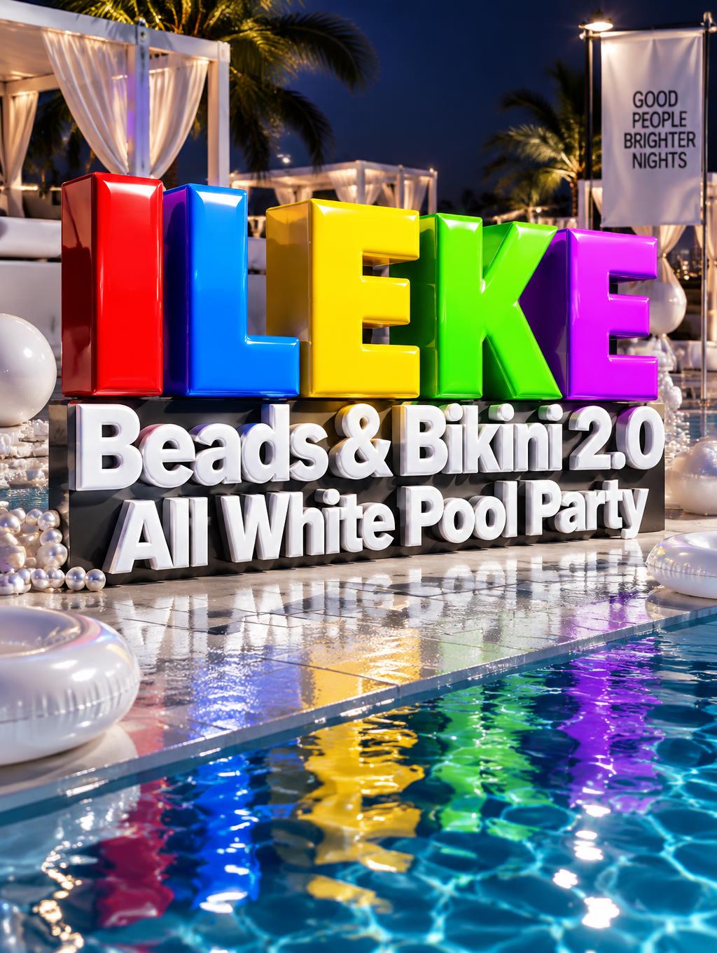 "ILEKE 
Beads & Bikini 2.0
All White Pool Party" — 3d Bold | AI Text Effect Generator