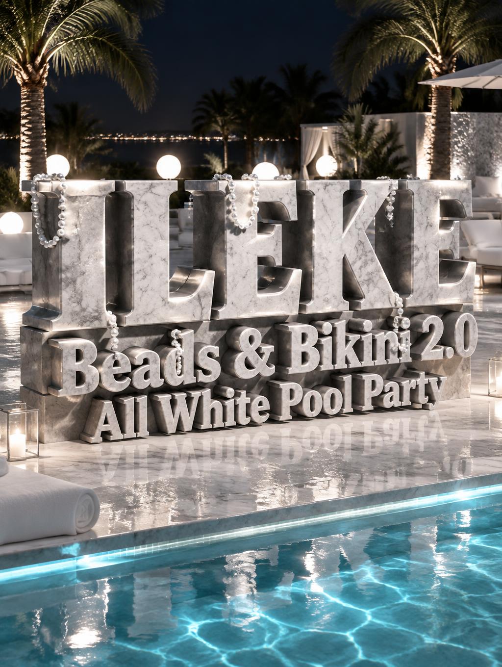 "ILEKE 
Beads & Bikini 2.0
All White Pool Party" — 3d Bold | AI Text Effect Generator