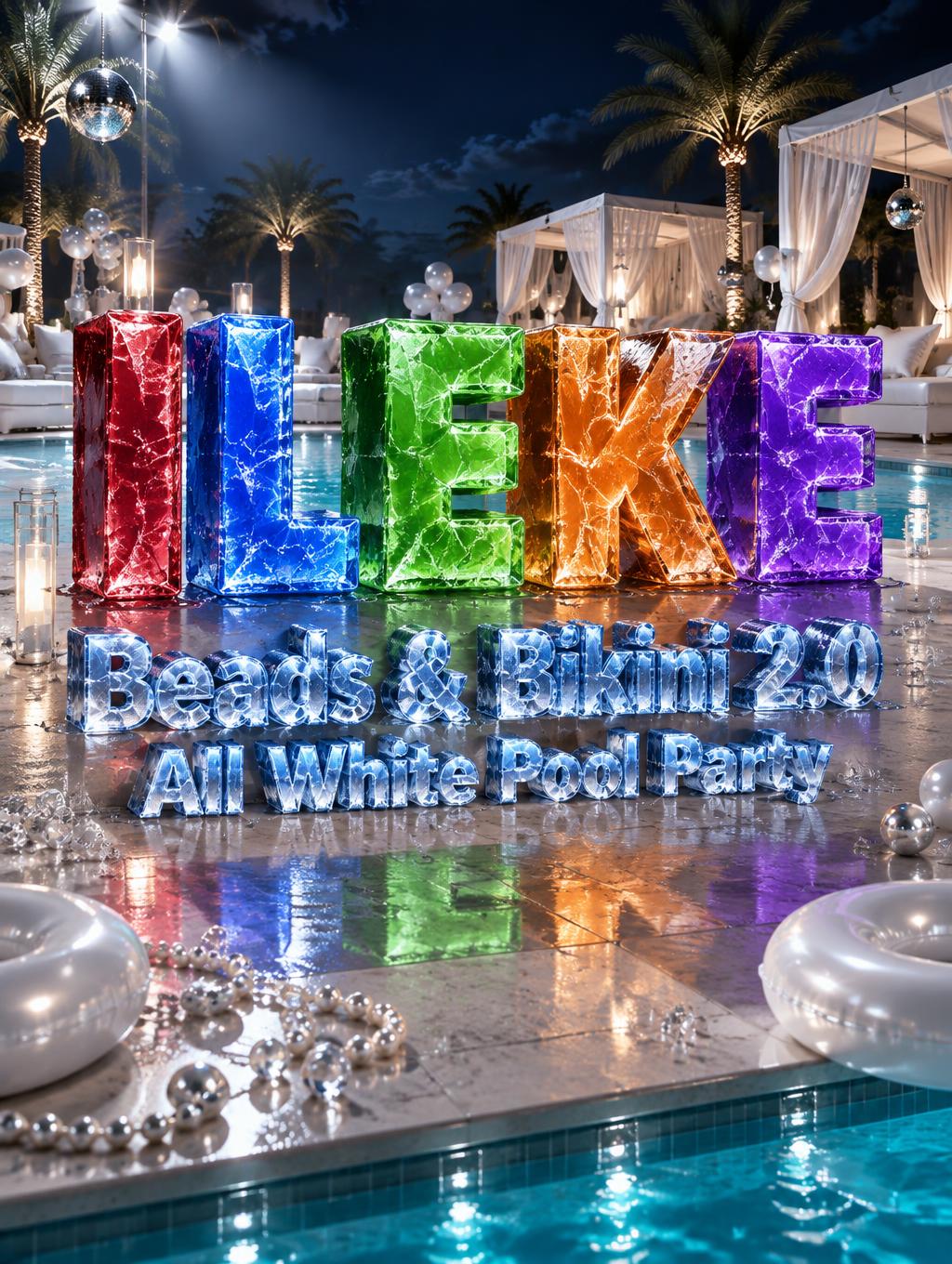 "ILEKE 
Beads & Bikini 2.0
All White Pool Party" — 3d Bold | AI Text Effect Generator