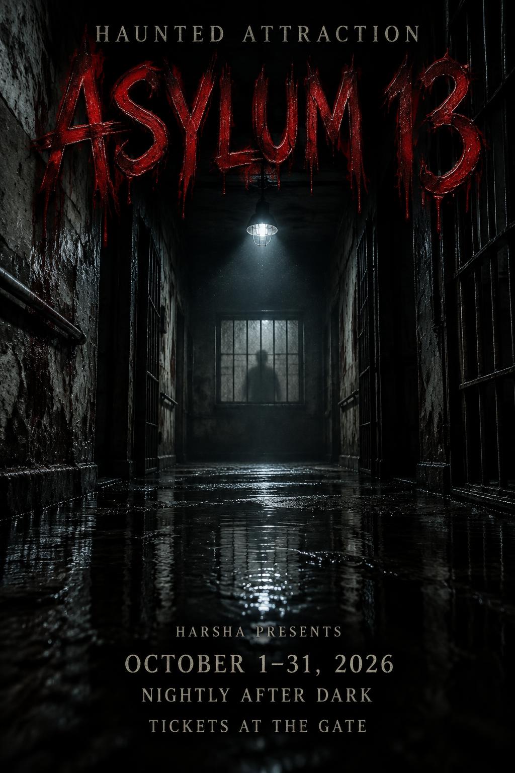 "ASYLUM 13
HAUNTED ATTRACTION
HARSHA PRESENTS
OCTOBER 1–31, 2026
NIGHTLY AFTER DARK
TICKETS AT THE GATE" — Cinematic Horror | AI Text Effect Generator