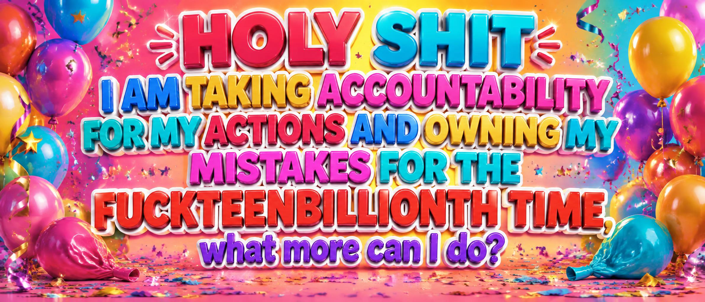 "HOLY SHIT I AM TAKING ACCOUNTABILITY FOR MY ACTIONS AND OWNING MY MISTAKES FOR THE FUCKTEENBILLIONTH TIME, what more can I do?" — Birthday | AI Text Effect Generator
