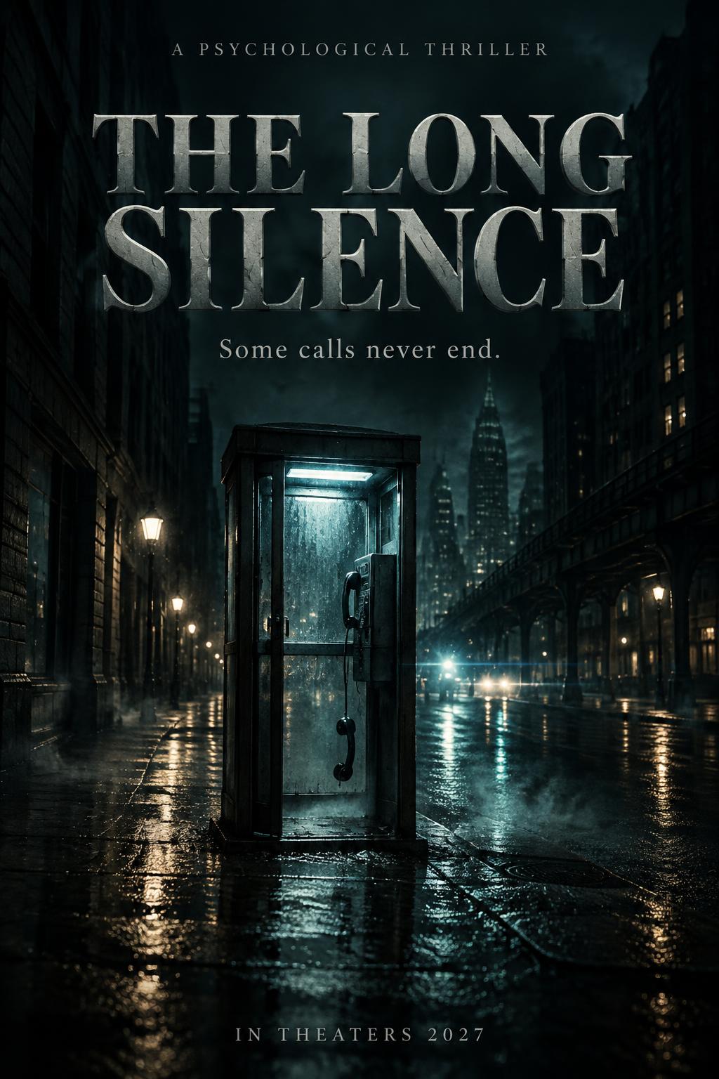 "THE LONG SILENCE
Some calls never end.
A PSYCHOLOGICAL THRILLER
IN THEATERS 2027" — Cinematic | AI Text Effect Generator