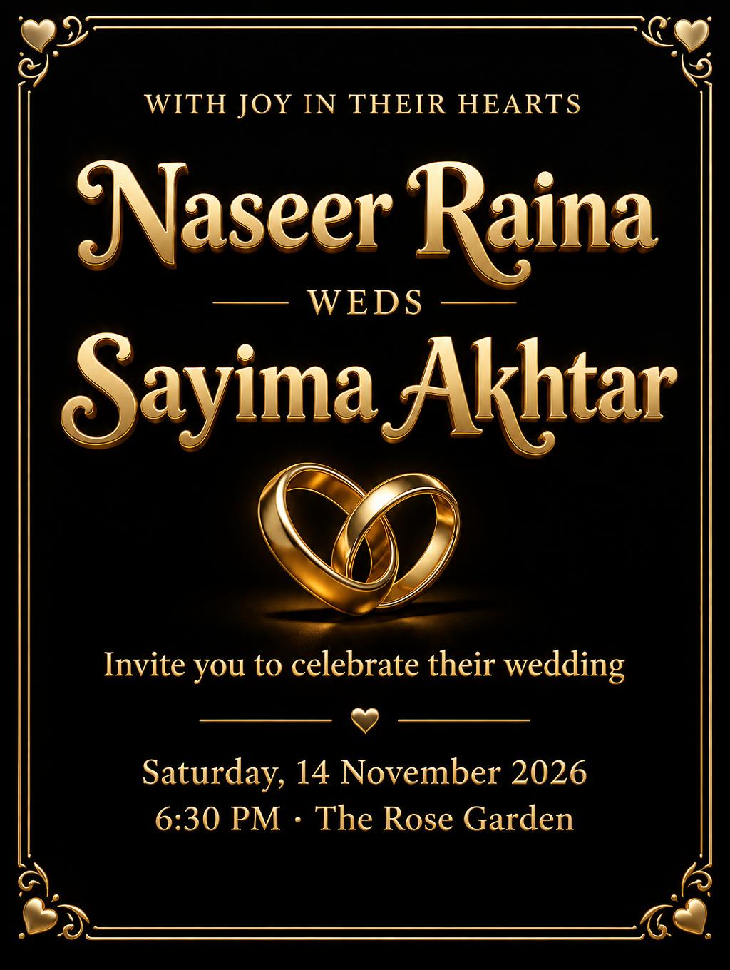 "Naseer Raina
WEDS
Sayima Akhtar
WITH JOY IN THEIR HEARTS
Invite you to celebrate their wedding
Saturday, 14 November 2026
6:30 PM · The Rose Garden" — 3d Bold Gold | AI Text Effect Generator