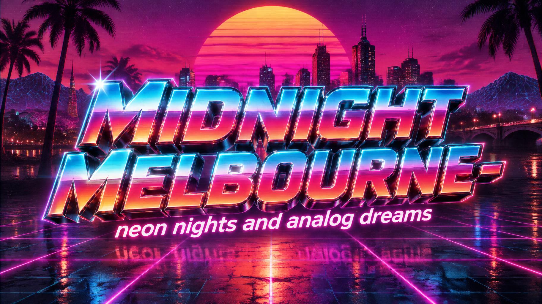 "MIDNIGHT MELBOURNE-
neon nights and analog dreams" — Synthwave | AI Text Effect Generator