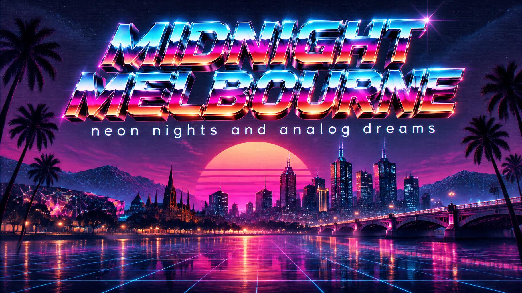 "MIDNIGHT MELBOURNE
neon nights and analog dreams" — Synthwave | AI Text Effect Generator
