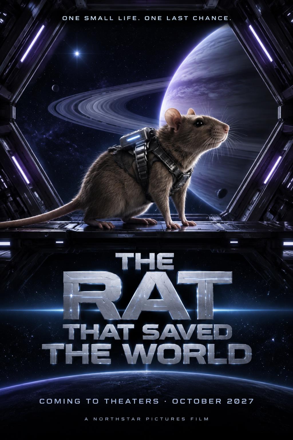 "THE RAT THAT SAVED THE WORLD
ONE SMALL LIFE. ONE LAST CHANCE.
COMING TO THEATERS · OCTOBER 2027
A NORTHSTAR PICTURES FILM" — Cinematic Scifi | AI Text Effect Generator