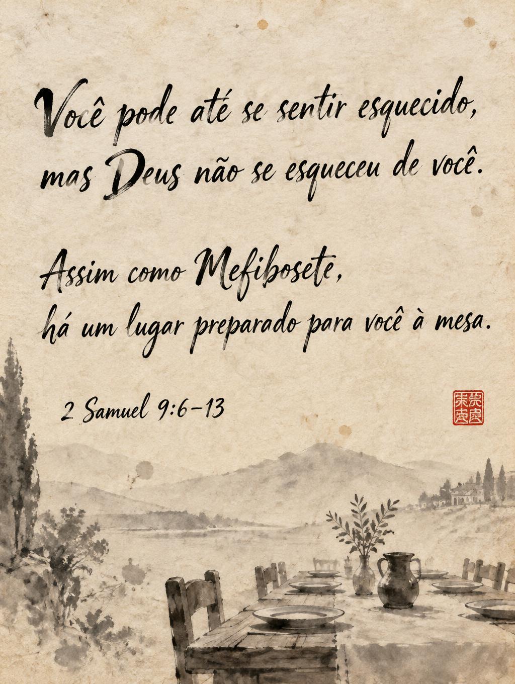 "Você pode até se sentir esquecido,
mas Deus não se esqueceu de você. 

Assim como Mefibosete,
há um lugar preparado para você à mesa.

2 Samuel 9:6–13" — Brush Chinese Ink | AI Text Effect Generator