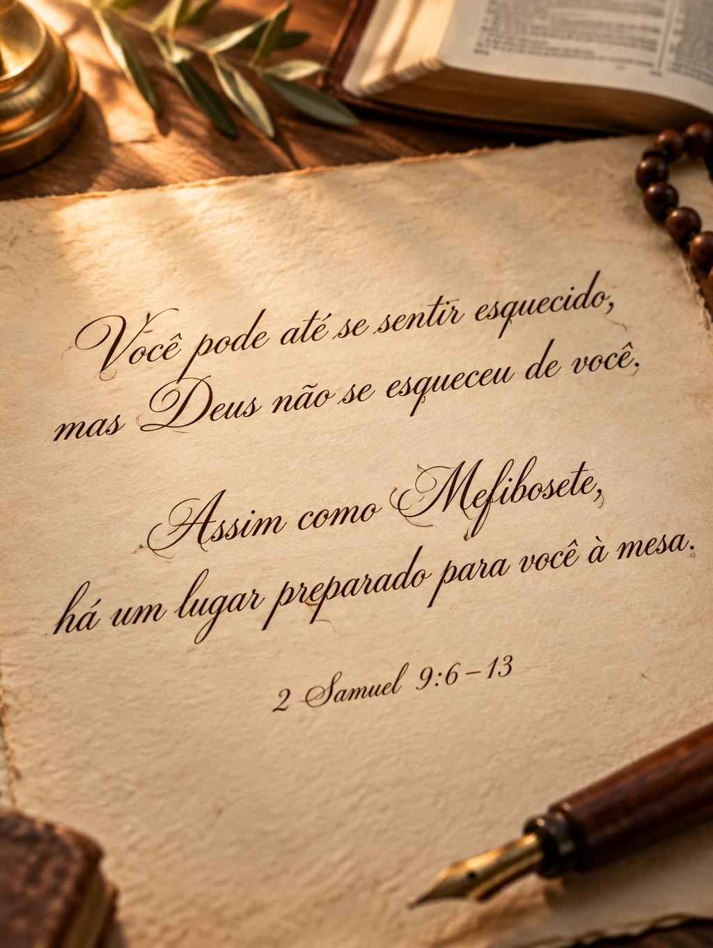 "Você pode até se sentir esquecido,
mas Deus não se esqueceu de você. 

Assim como Mefibosete,
há um lugar preparado para você à mesa.

2 Samuel 9:6–13" — Handwritten Script | AI Text Effect Generator