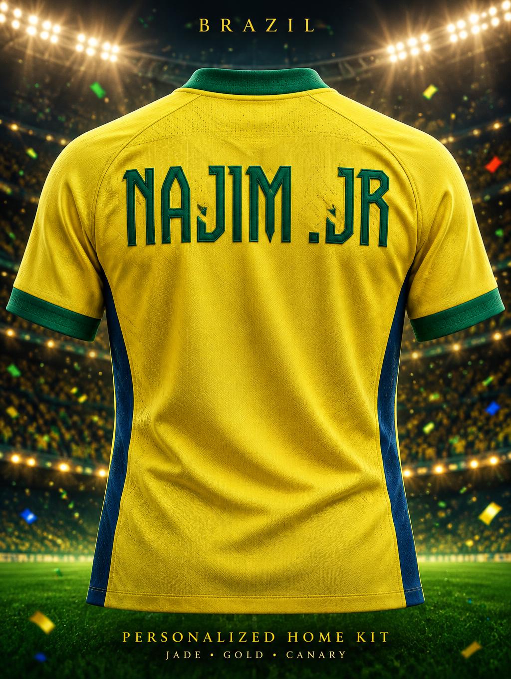 "NAJIM .JR
BRAZIL
PERSONALIZED HOME KIT
JADE • GOLD • CANARY" — Sports Football | AI Text Effect Generator
