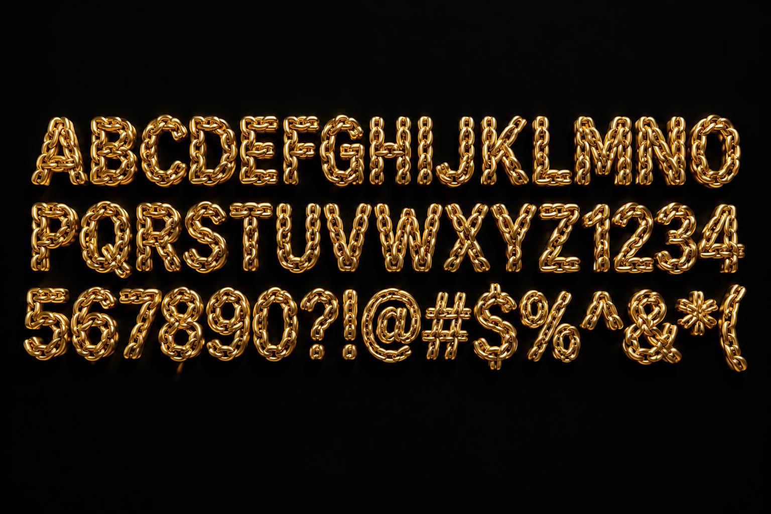 "ABCDEFGHIJKLMNO
PQRSTUVWXYZ1234
567890?!@#$%^&*(-" — 3d bold gold text effect