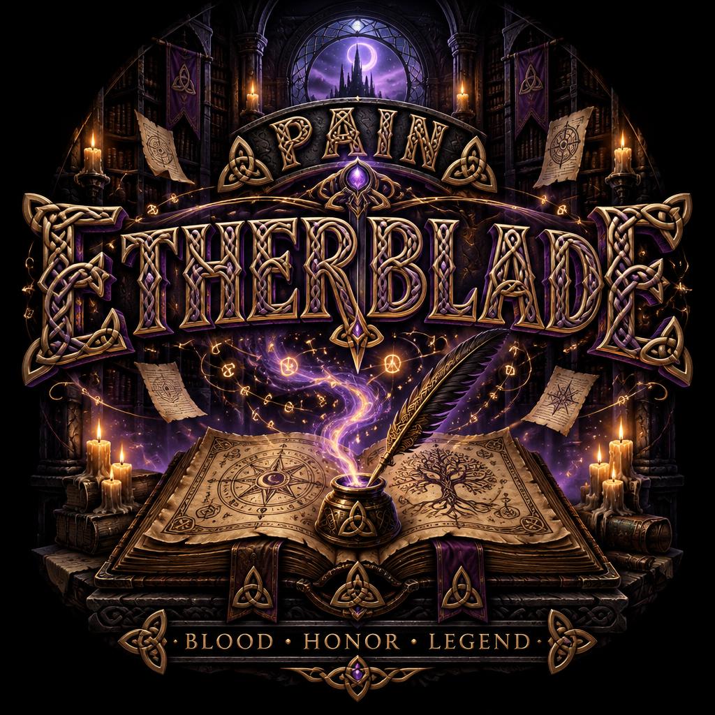 "PAIN
ETHERBLADE
BLOOD • HONOR • LEGEND" — Magic Fantasy text effect
