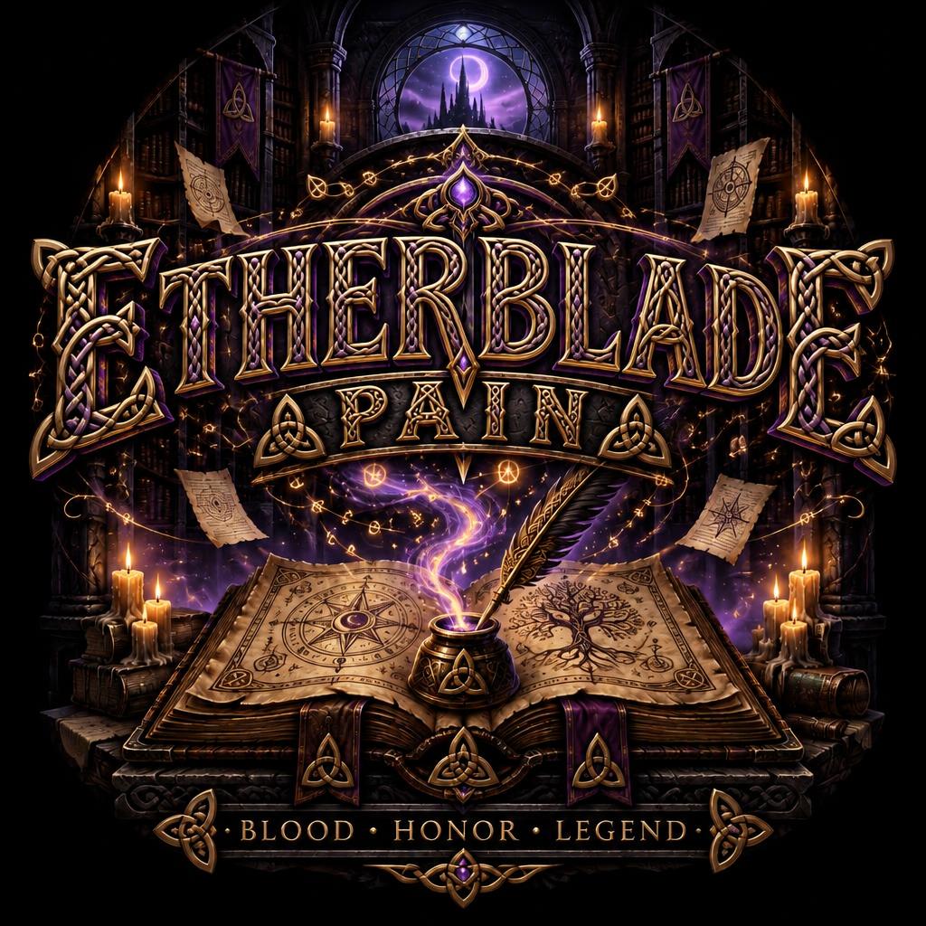 "ETHERBLADE
PAIN
BLOOD • HONOR • LEGEND" — Magic Fantasy text effect