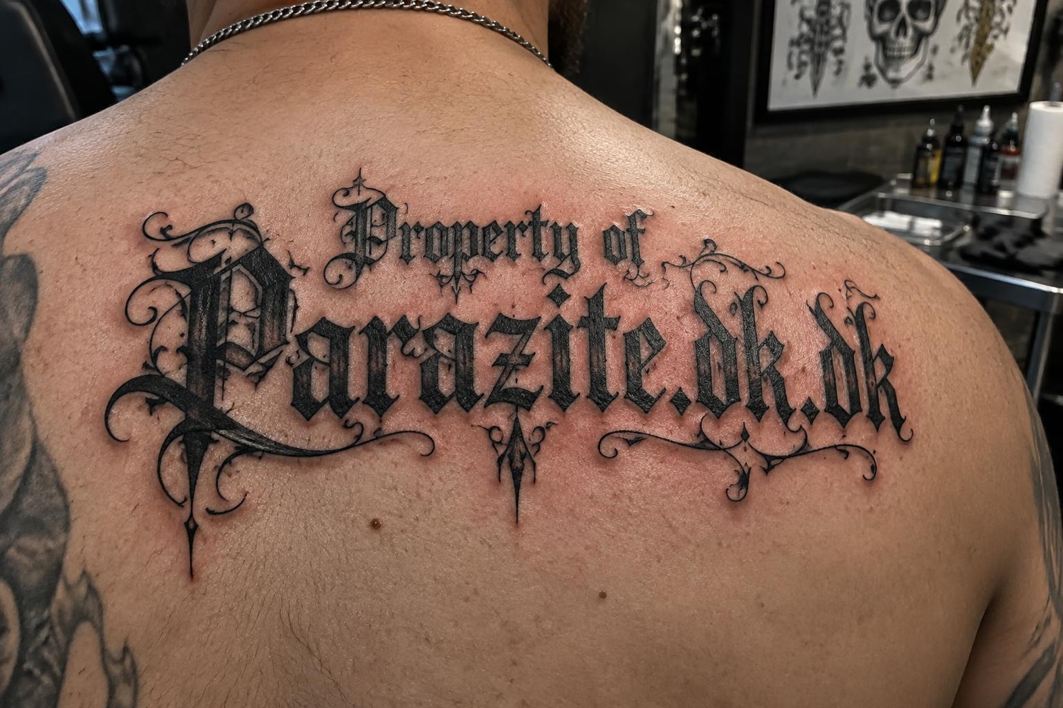 "Property of Parazite.dk.dk" — Tattoo | AI Text Effect Generator