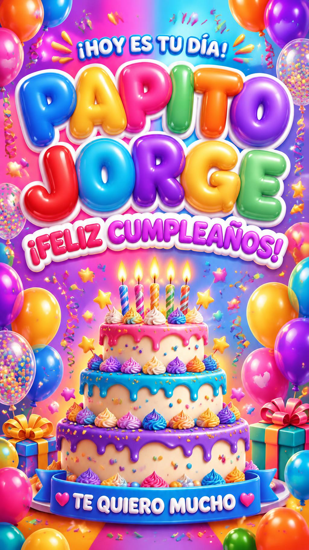 "PAPITO JORGE
¡FELIZ CUMPLEAÑOS!
¡HOY ES TU DÍA!
TE QUIERO MUCHO" — Birthday | AI Text Effect Generator