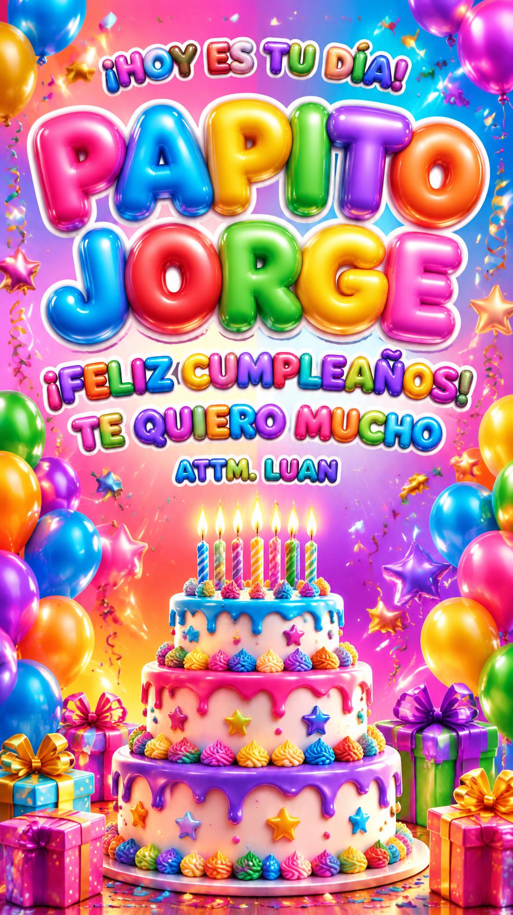 "PAPITO JORGE
¡FELIZ CUMPLEAÑOS!
¡HOY ES TU DÍA!
TE QUIERO MUCHO
ATTM. LUAN" — Birthday | AI Text Effect Generator