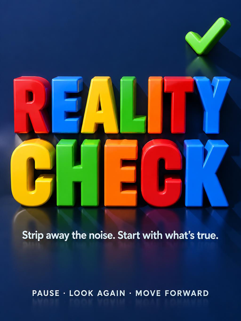 "REALITY CHECK
Strip away the noise. Start with what’s true.
PAUSE · LOOK AGAIN · MOVE FORWARD" — 3d Bold | AI Text Effect Generator