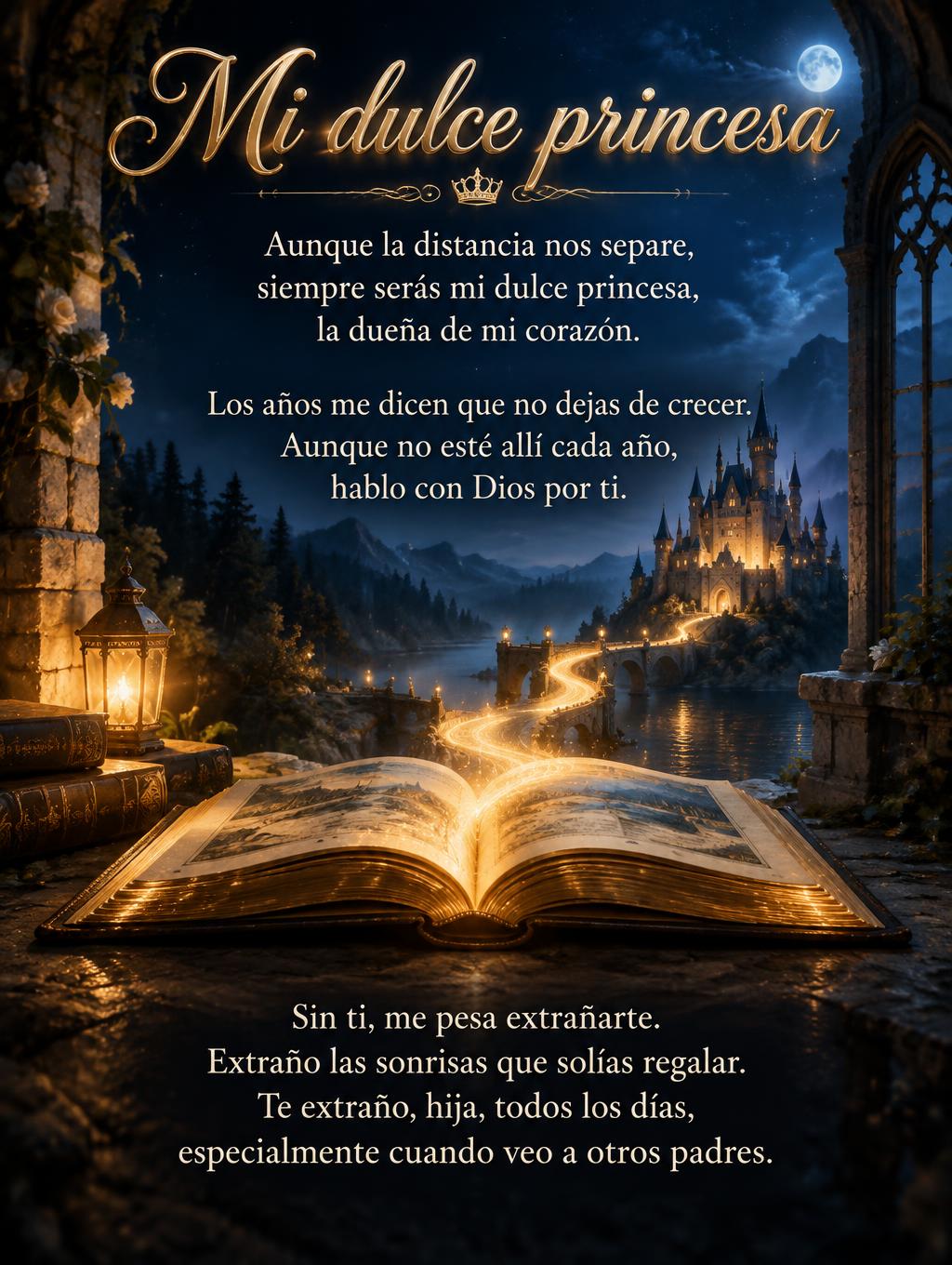 "Mi dulce princesa
Aunque la distancia nos separe,
siempre serás mi dulce princesa,
la dueña de mi corazón.
Los años me dicen que no dejas de crecer.
Aunque no esté allí cada año,
hablo con Dios por ti.
Sin ti, me pesa extrañarte.
Extraño las sonrisas que solías regalar.
Te extraño, hija, todos los días,
especialmente cuando veo a otros padres." — Fairy Tale | AI Text Effect Generator