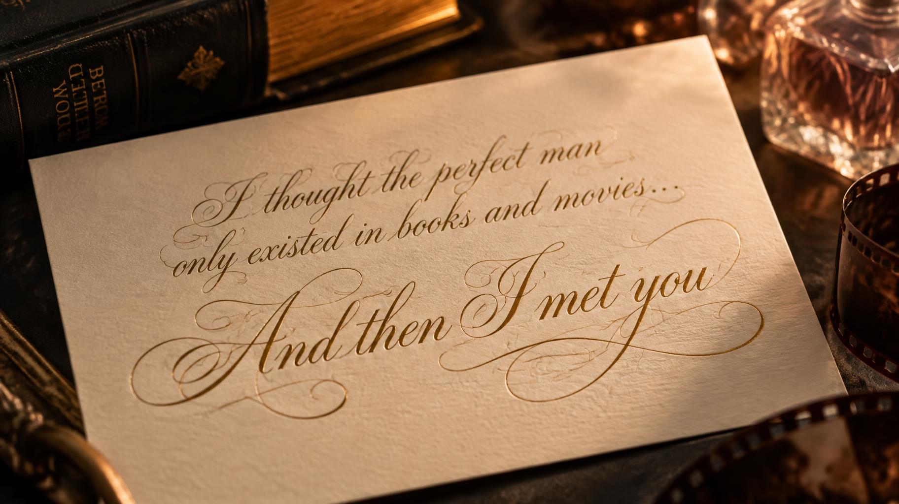 "I thought the perfect man only existed in books and movies… And then I met you" — Elegant Script text effect