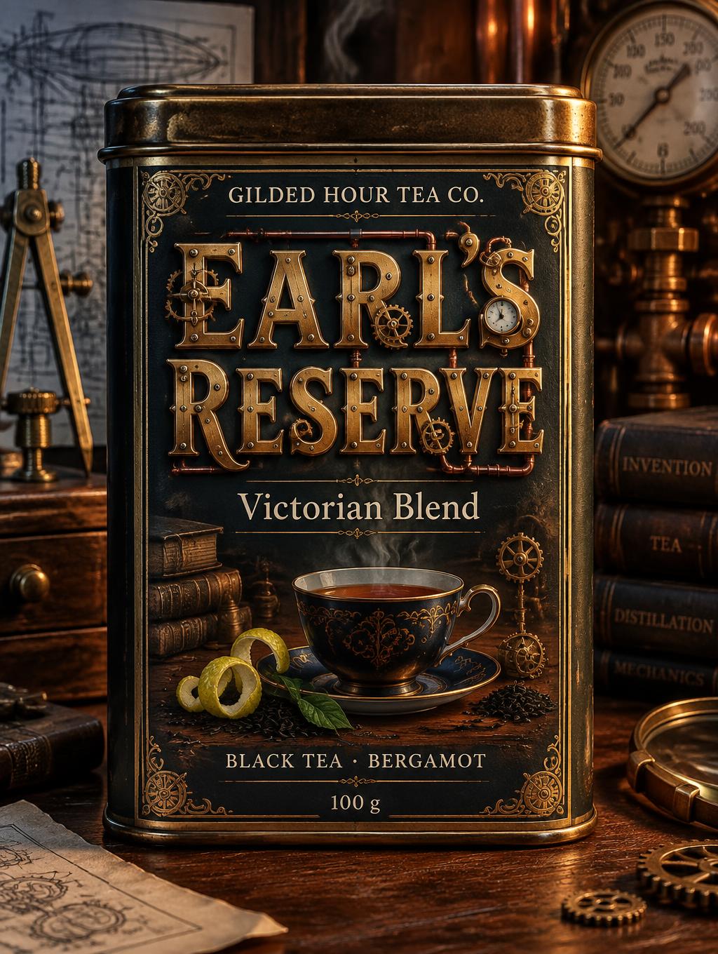 "EARL'S RESERVE
GILDED HOUR TEA CO.
Victorian Blend
BLACK TEA · BERGAMOT
100 g" — Steampunk text effect