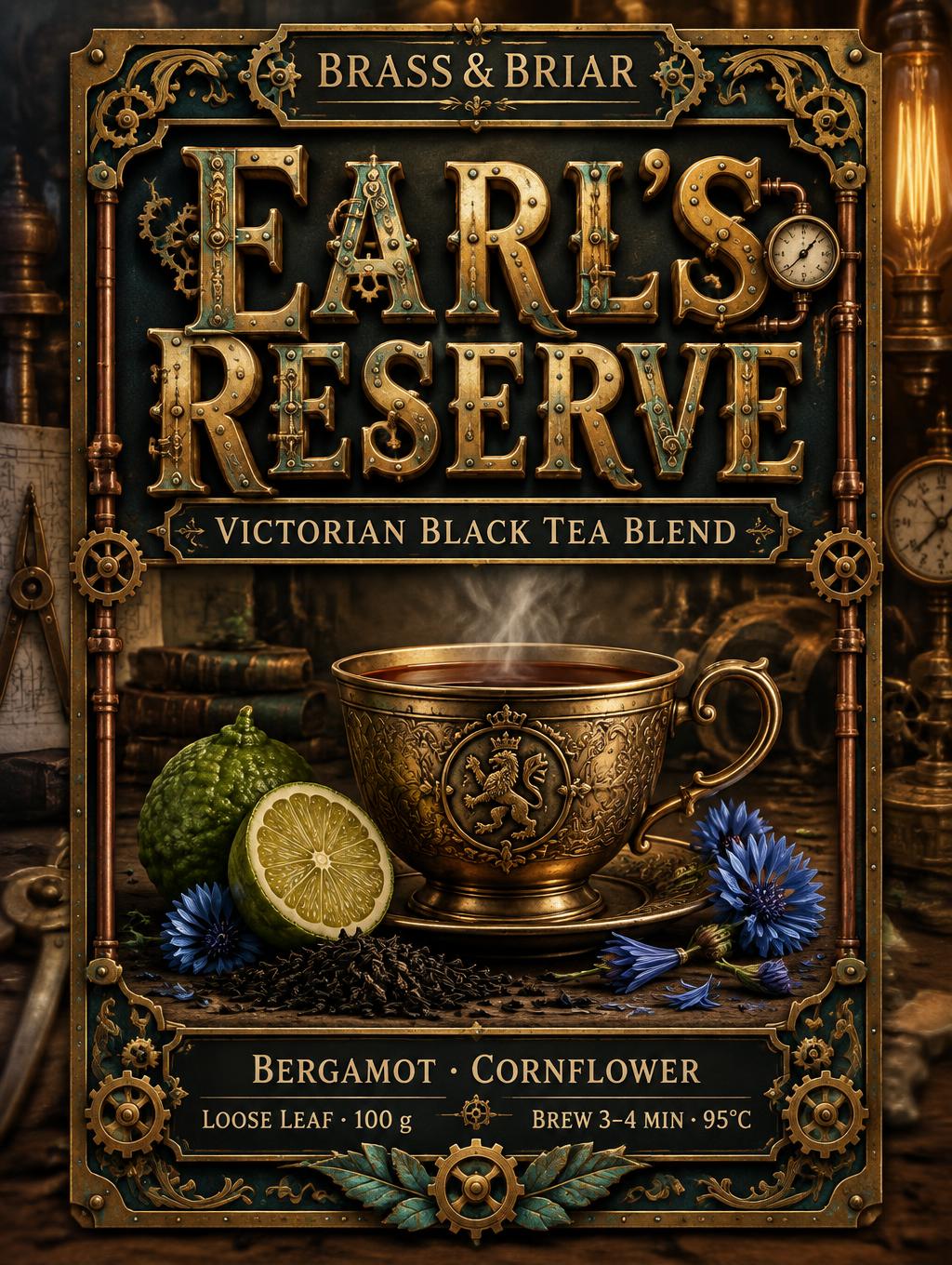 "EARL'S RESERVE
VICTORIAN BLACK TEA BLEND
BRASS & BRIAR
BERGAMOT · CORNFLOWER
LOOSE LEAF · 100 g
BREW 3–4 MIN · 95°C" — Steampunk text effect
