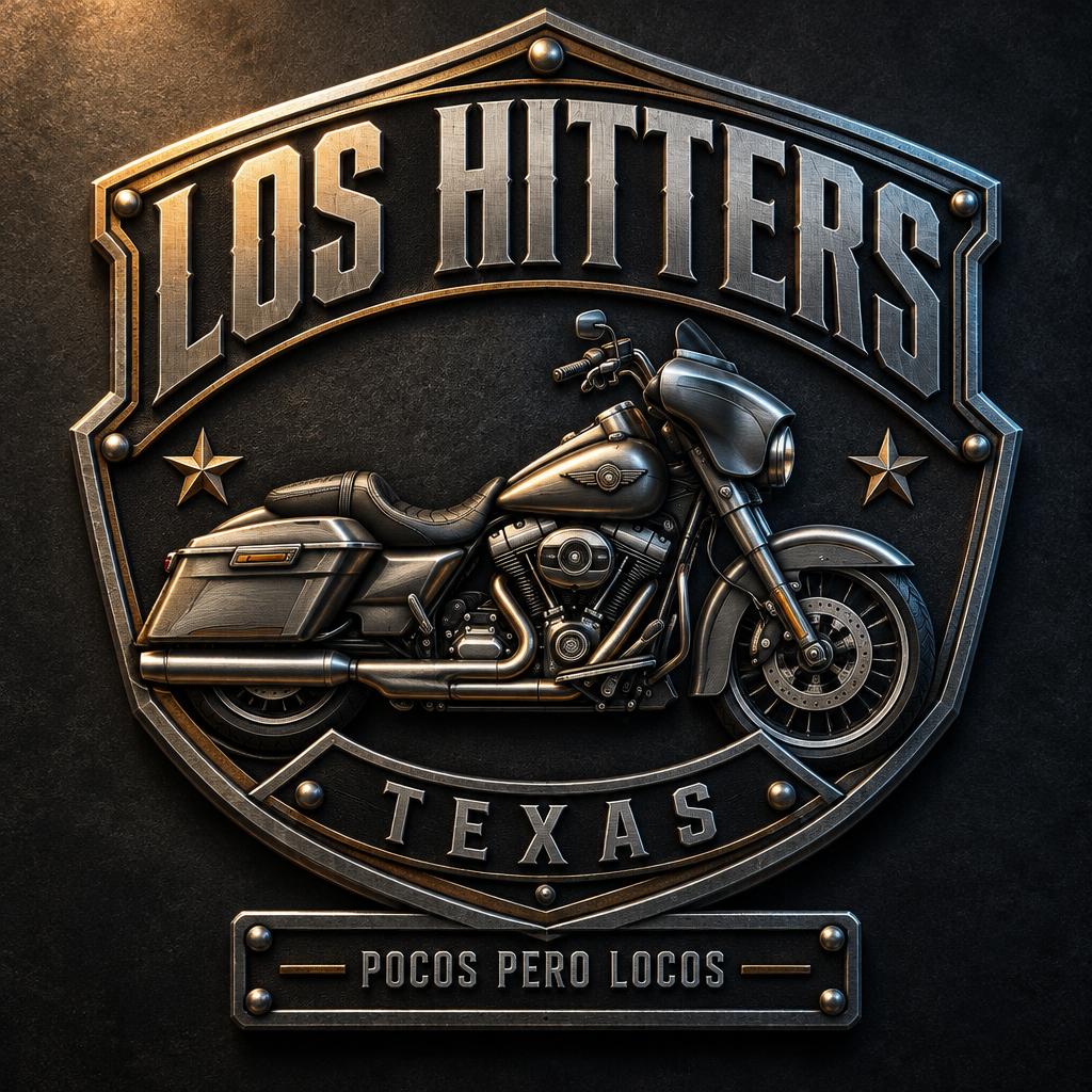 "LOS HITTERS
TEXAS
POCOS PERO LOCOS" — metallic text effect