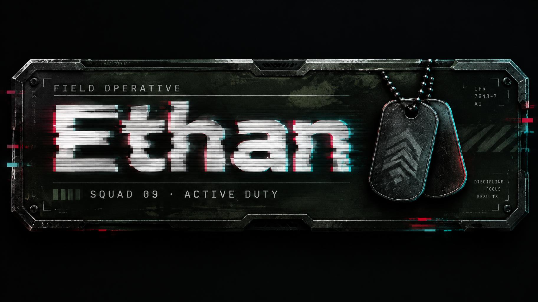 "Ethan
FIELD OPERATIVE
SQUAD 09 · ACTIVE DUTY" — Glitch text effect