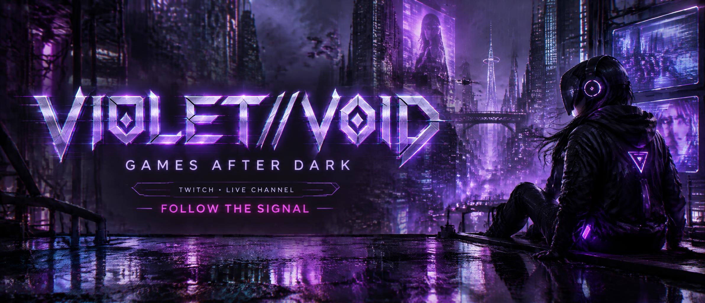 "VIOLET//VOID
GAMES AFTER DARK
TWITCH • LIVE CHANNEL
FOLLOW THE SIGNAL" — Cyberpunk | AI Text Effect Generator