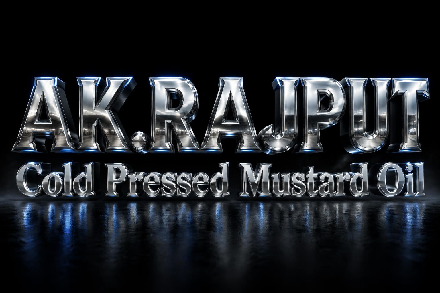 "AK.RAJPUT 
Cold Pressed Mustard Oil" — Chrome Metal 3d | AI Text Effect Generator