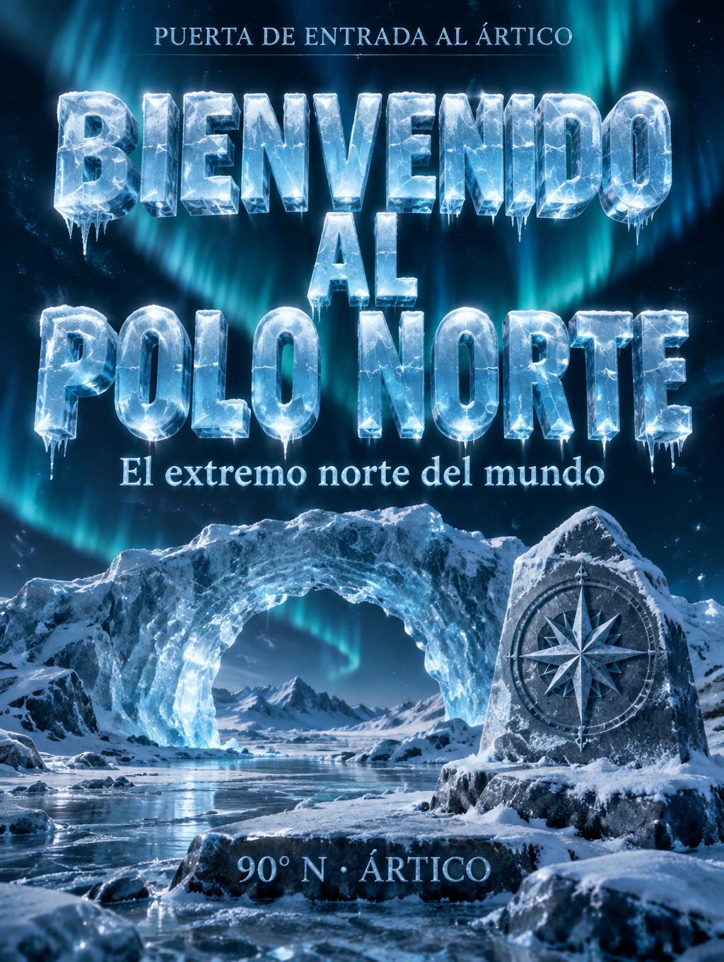 "PUERTA DE ENTRADA AL ÁRTICO
BIENVENIDO AL POLO NORTE
El extremo norte del mundo
90° N · ÁRTICO" — Glass Frozen | AI Text Effect Generator