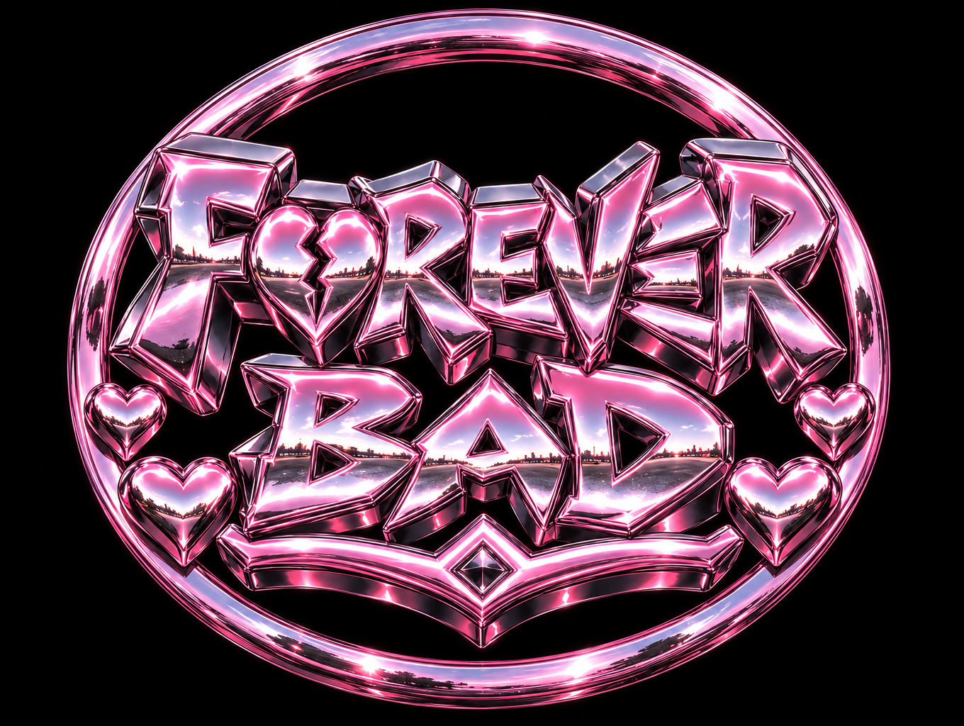 "FOREVER
BAD" — chrome metal 3d text effect