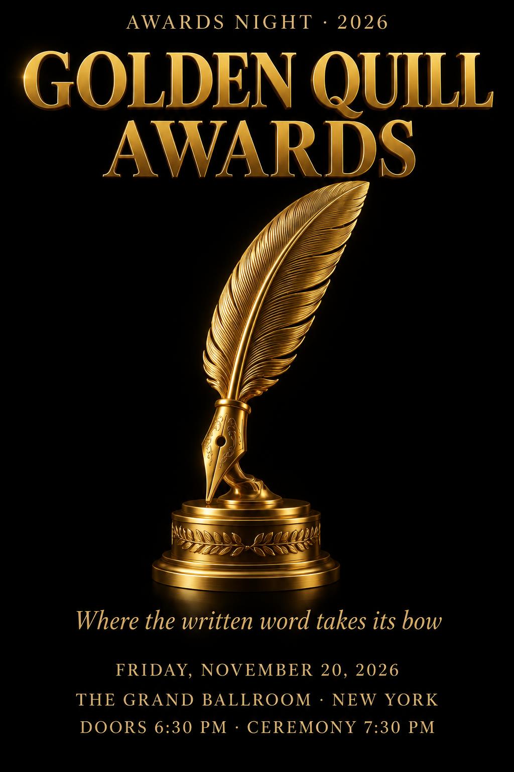 "GOLDEN QUILL AWARDS
AWARDS NIGHT · 2026
Where the written word takes its bow
FRIDAY, NOVEMBER 20, 2026
THE GRAND BALLROOM · NEW YORK
DOORS 6:30 PM · CEREMONY 7:30 PM" — 3d Bold Gold | AI Text Effect Generator