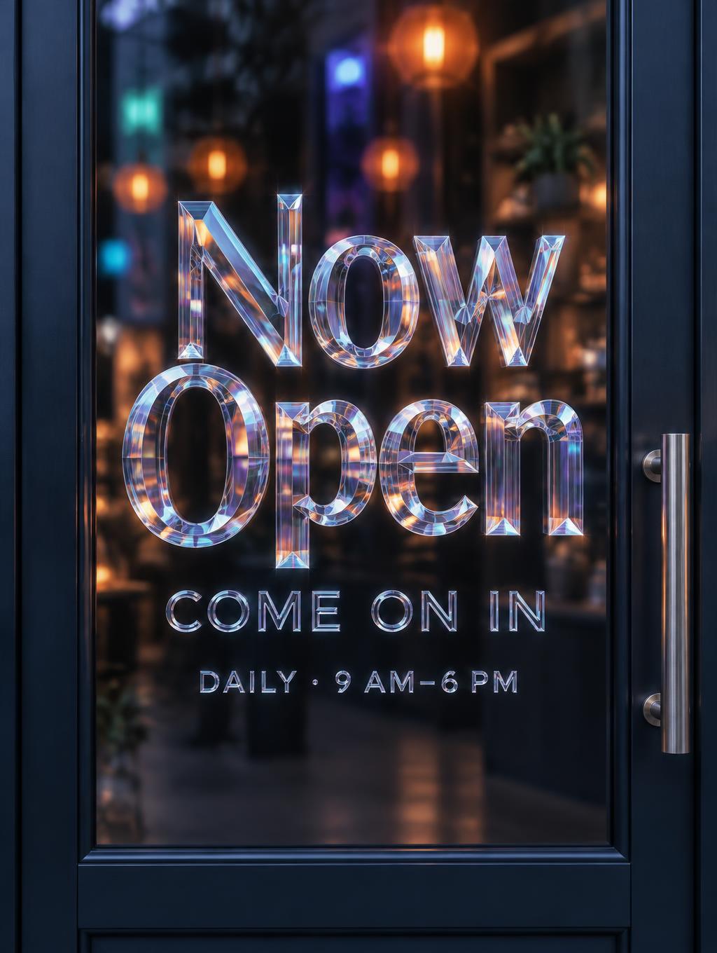"Now Open
COME ON IN
DAILY · 9 AM–6 PM" — Glass Morphism | AI Text Effect Generator