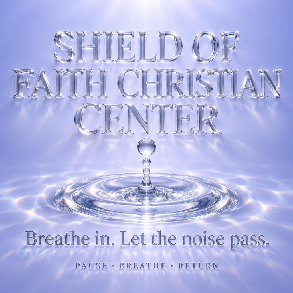 "SHIELD OF FAITH CHRISTIAN CENTER
Breathe in. Let the noise pass.
PAUSE · BREATHE · RETURN" — Glass text effect