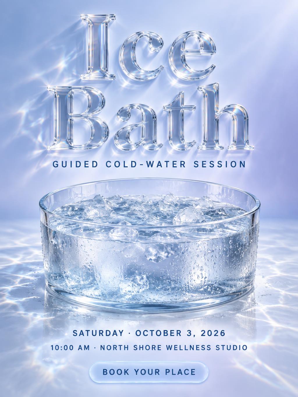 "Ice Bath
GUIDED COLD-WATER SESSION
SATURDAY · OCTOBER 3, 2026
10:00 AM · NORTH SHORE WELLNESS STUDIO
BOOK YOUR PLACE" — Glass | AI Text Effect Generator